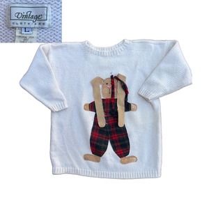 1990s Cream Oversized Knit Sweater with Bunny Design / Large *